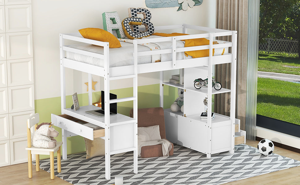 Twin  Size Loft Bed with Built-in Desk with Two Drawers, and Storage Shelves and Drawers,White - Atlantic Fine Furniture Melbourne FL