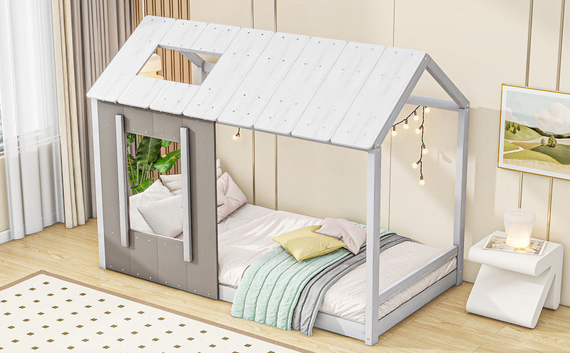 Twin Size House Platform with Roof and Window, White+Antique Grey(Old SKU: WF294130AAE)