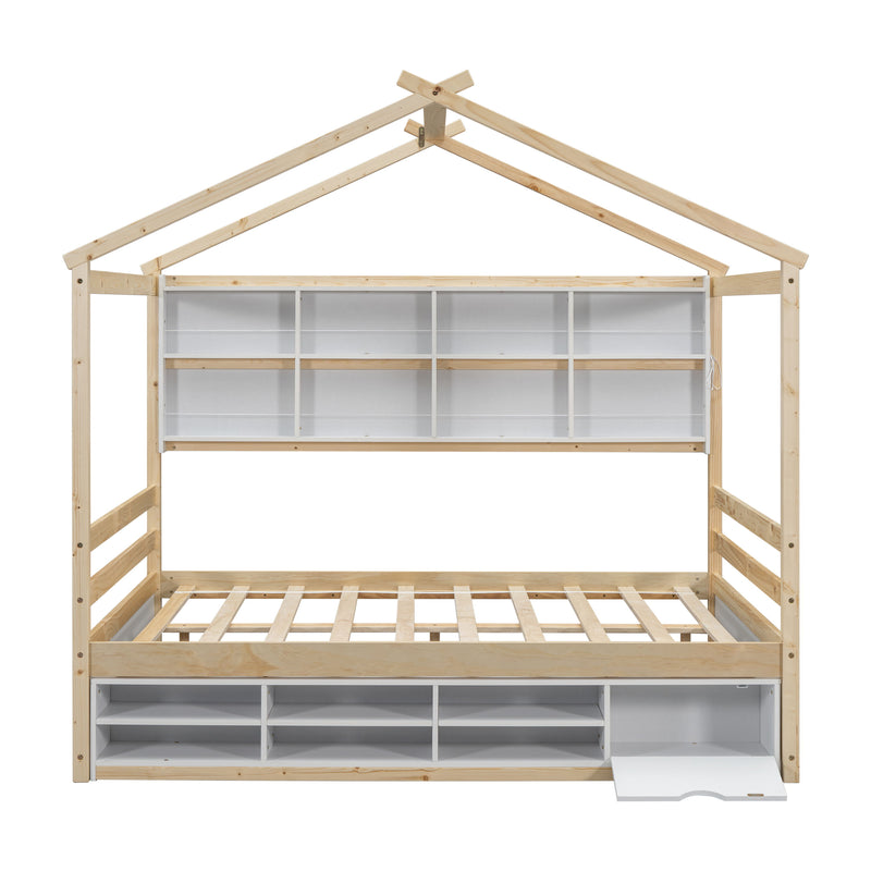 House Bed With Roof Frame, Bedside-Shelves, Under Bed Storage Unit