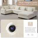 U Shaped Sectional Sofa 6 Seat Couch Set With Oversized Ottoman, Hidden Armrest Storage And Cup Holders USB Charging Ports Wide Seat Sofa