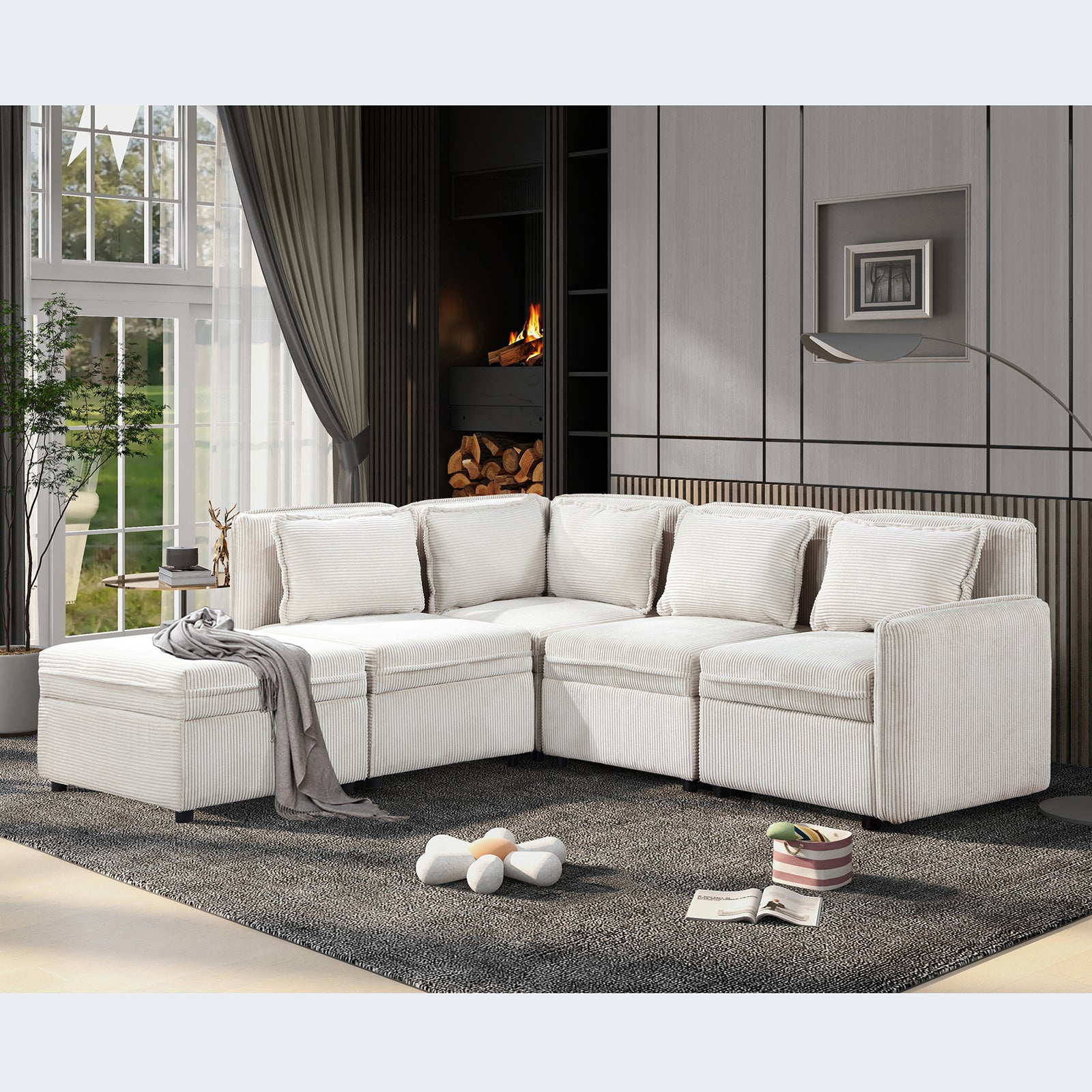 Modular Corduroy Sectional Sofa, Convertible L Shaped Couch Sofa with Storage,  5 Seat Sofa Couch for Living Room, Beige