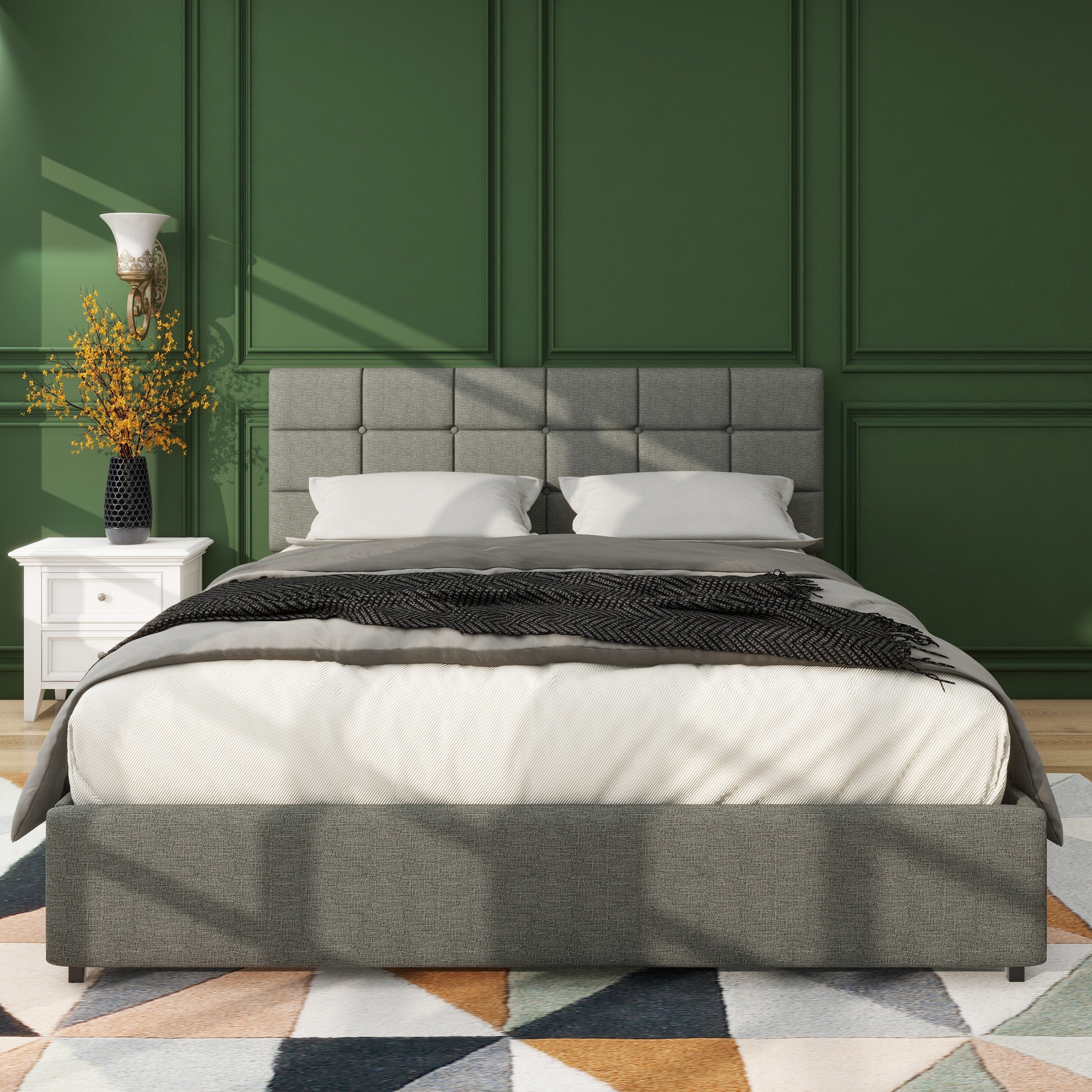Vera Full Size Gray Linen Upholstered Platform Bed with Patented 4 Drawers Storage, Square Stitched Button Tufted Headboard, Wooden Slat Mattress Support No Box Spring Required - Atlantic Fine Furniture Melbourne FL
