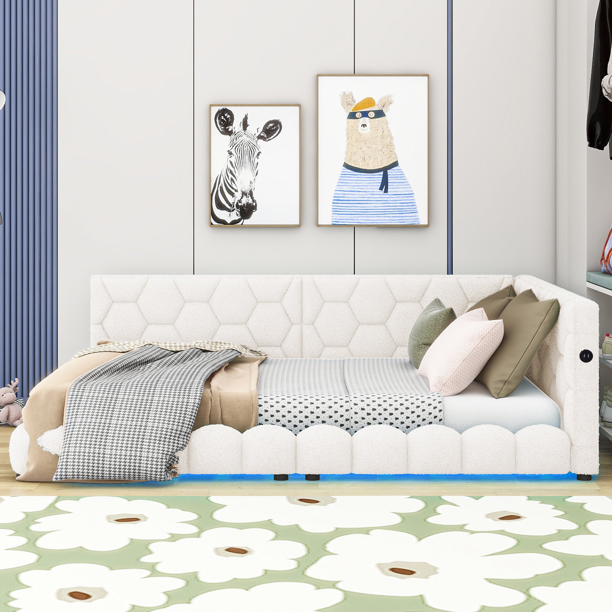 Upholstered Full Size platform bed with USB Ports and LED belt, White - Atlantic Fine Furniture Melbourne FL