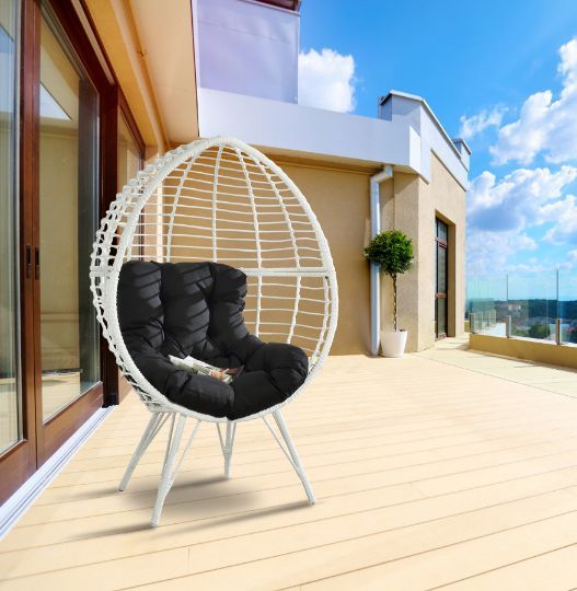 Galzed - Patio Lounge Chair - Black Fabric & White Wicker - Atlantic Fine Furniture Inc