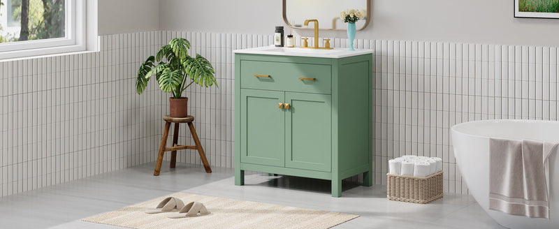 Bathroom Vanity With Ceramic Sink, Modern Single Bathroom Cabinet With 2 Doors And A Shelf, Soft Close Doors