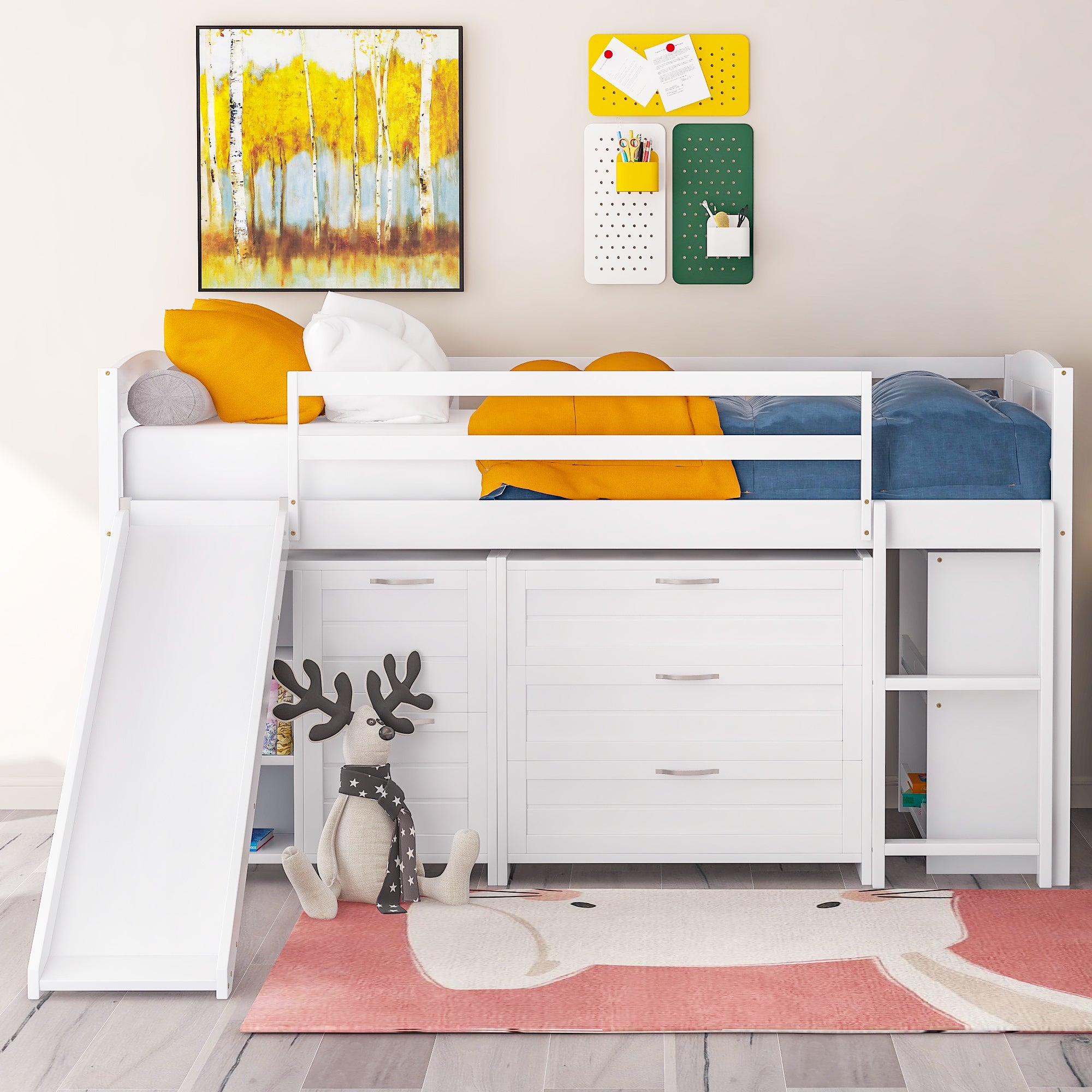 Low Twin Size Loft Bed with Cabinets, Shelves and Slide - White(OLD SKU :LP000503AAK) - Atlantic Fine Furniture Melbourne FL