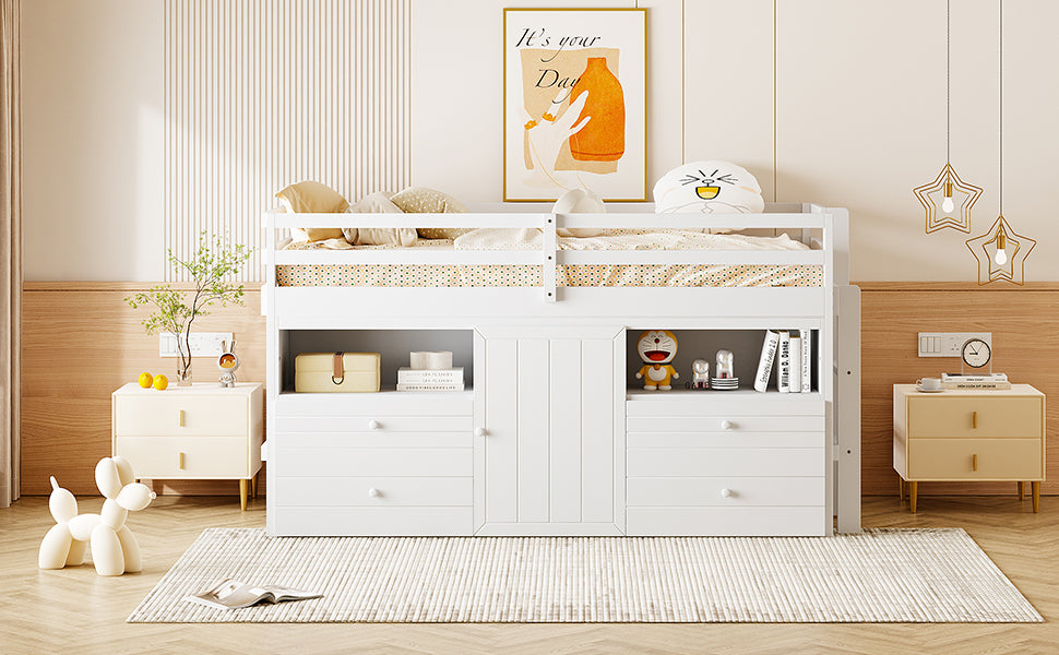 Twin Size Loft Bed with 4 Drawers, Underneath Cabinet and Shelves, White - Atlantic Fine Furniture Melbourne FL
