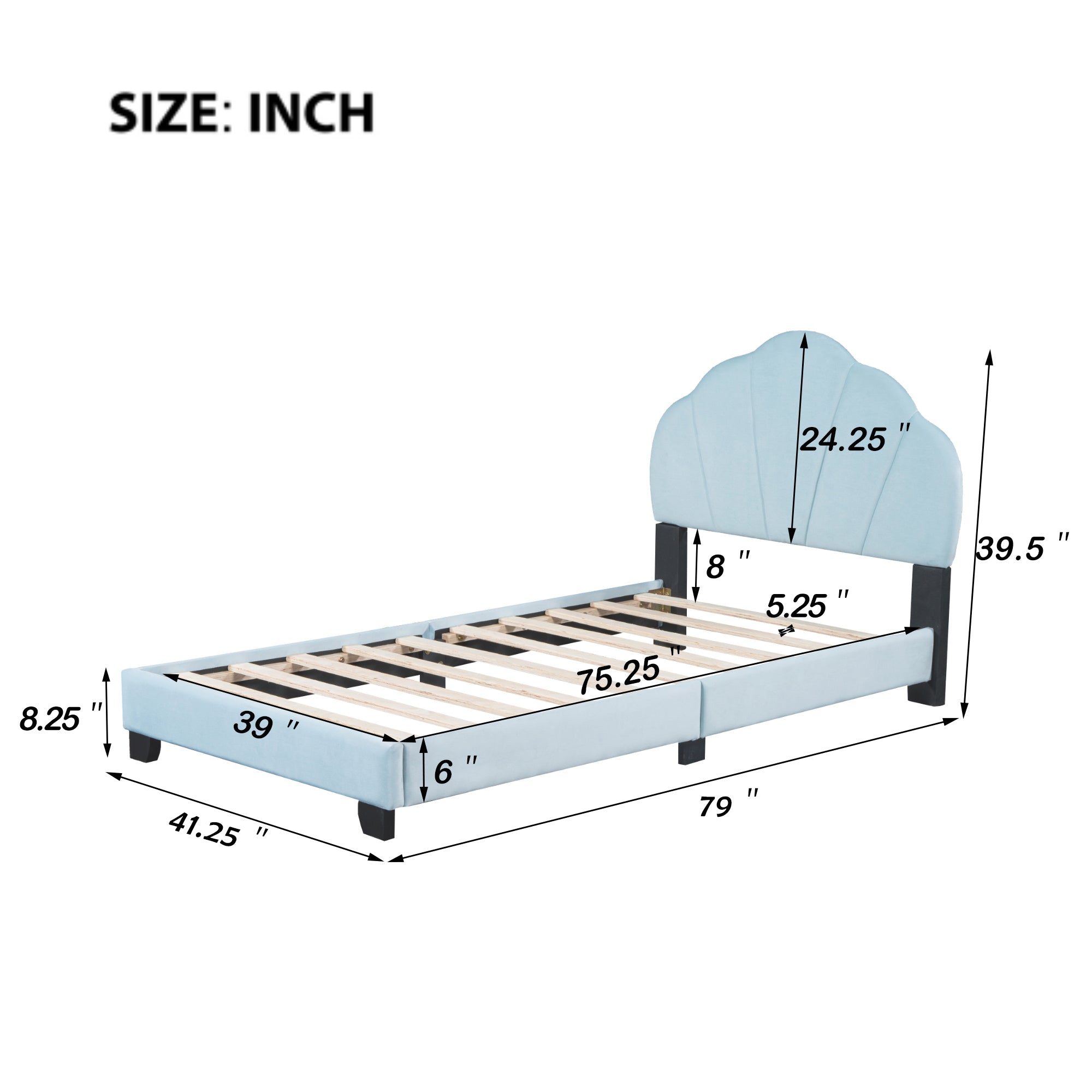 Twin Size Upholstered Velvet Platform Bed with Shell-Shaped Headboard, Blue - Atlantic Fine Furniture Melbourne FL