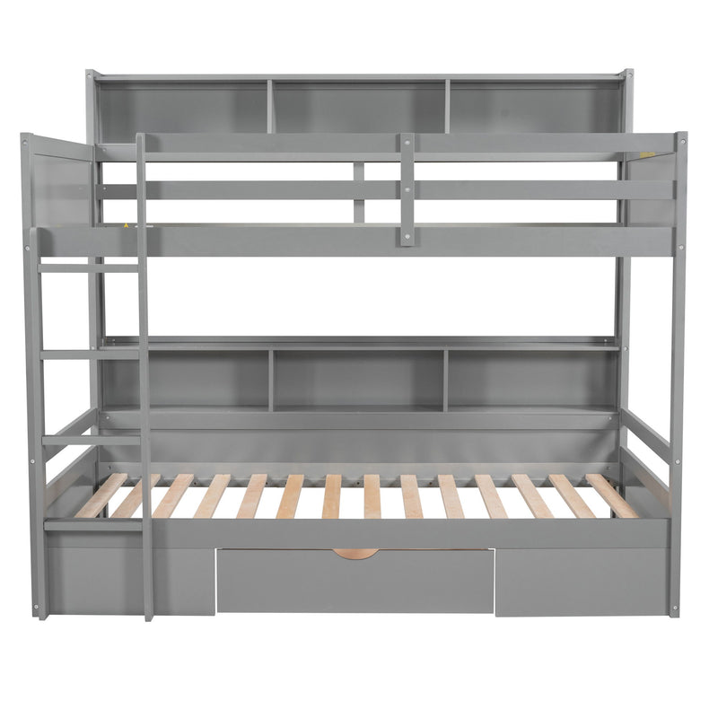 Twin Size Bunk Bed With Built-In Shelves Beside Both Upper And Down Bed And Storage Drawer