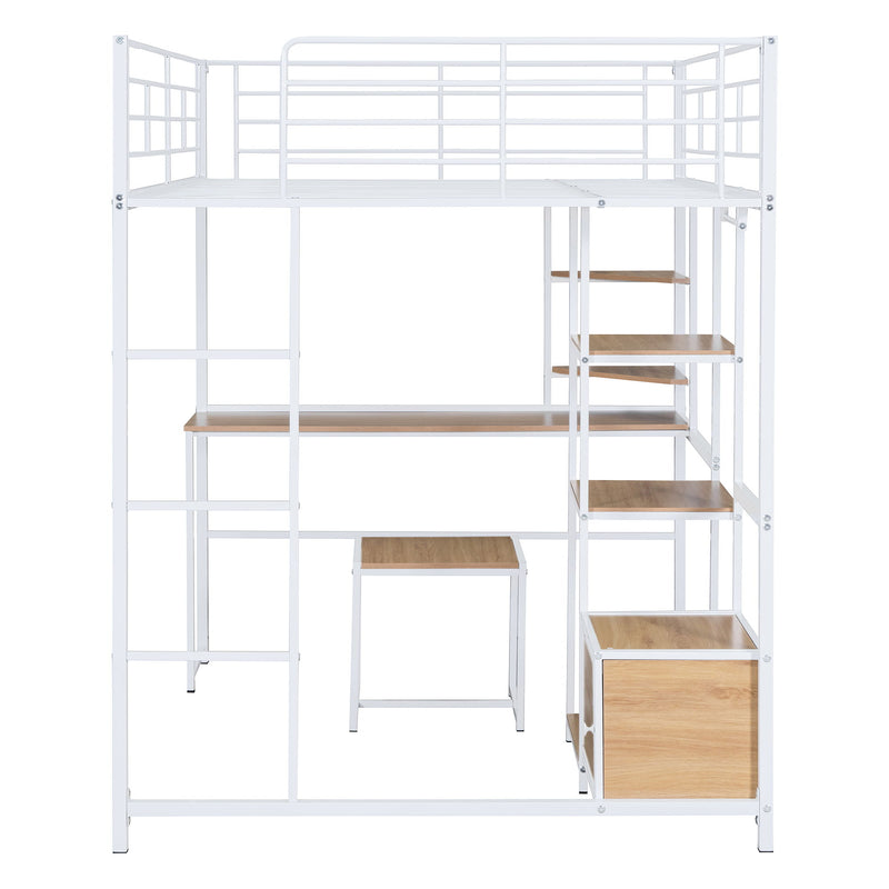Full Size Loft Bed With Desk And Stool, With Open Style Wardrobe, Shelves And Cabinet - White