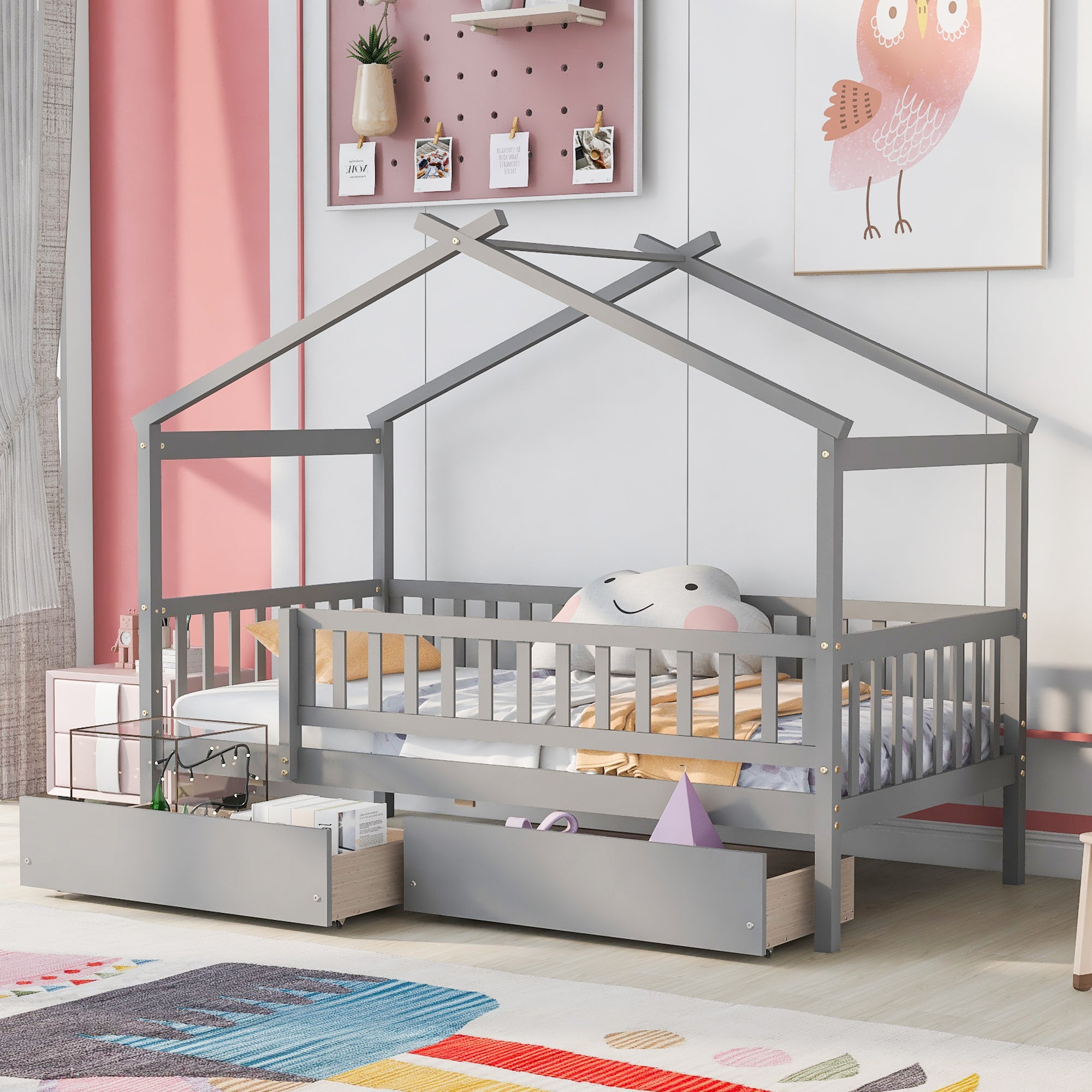 Twin Size Wooden House Bed with Two Drawers, Gray - Atlantic Fine Furniture Melbourne FL