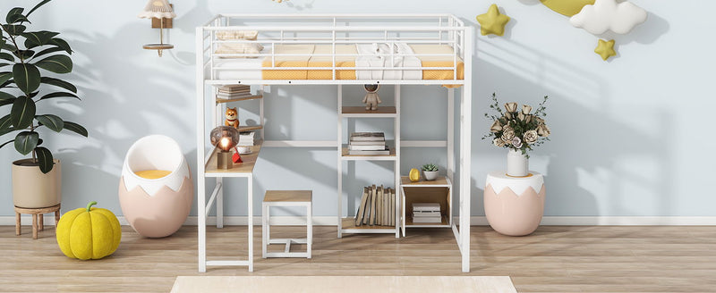 Full Size Loft Bed With Desk And Stool, With Open Style Wardrobe, Shelves And Cabinet - White