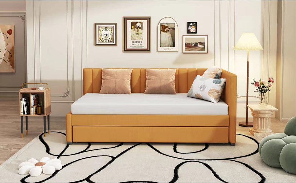 Upholstered Daybed with Trundle Twin Size Sofa Bed Frame No Box Spring Needed, Linen Fabric(Yellow) - Atlantic Fine Furniture Melbourne FL
