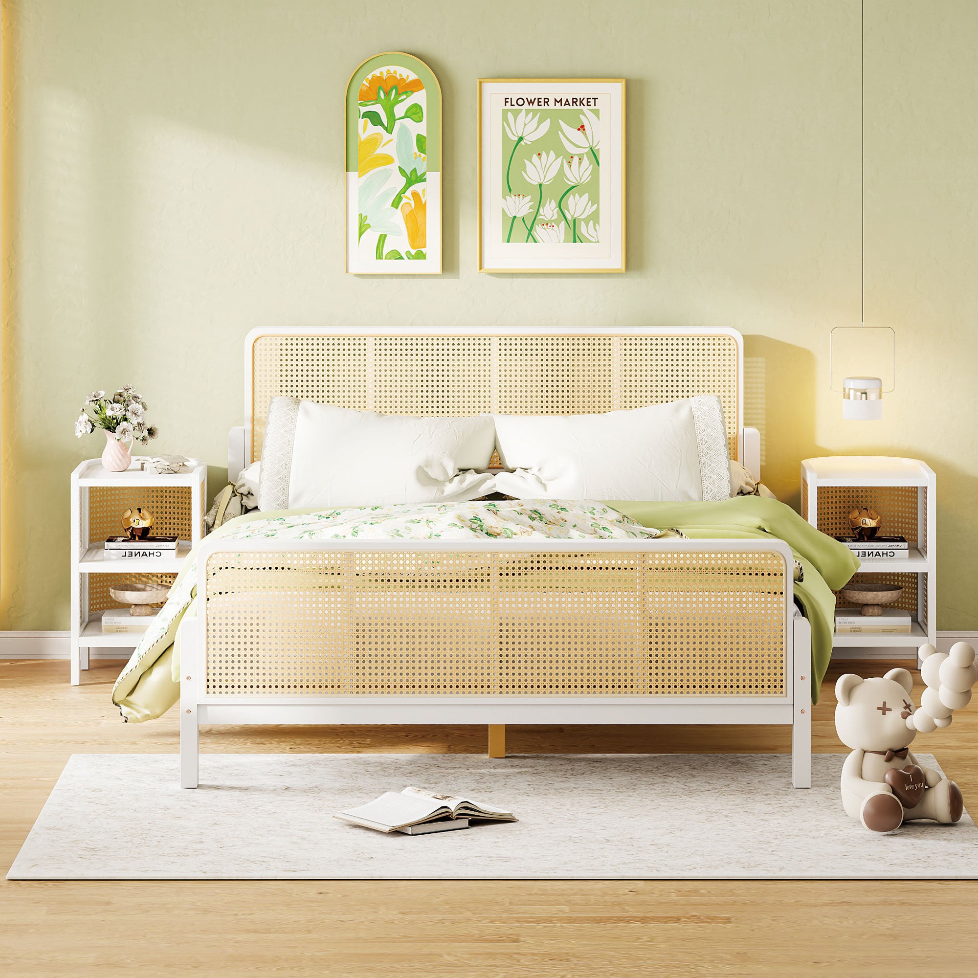 3 Pieces Rattan Platform Full Size Bed With 2 Nightstands,White - Atlantic Fine Furniture Melbourne FL