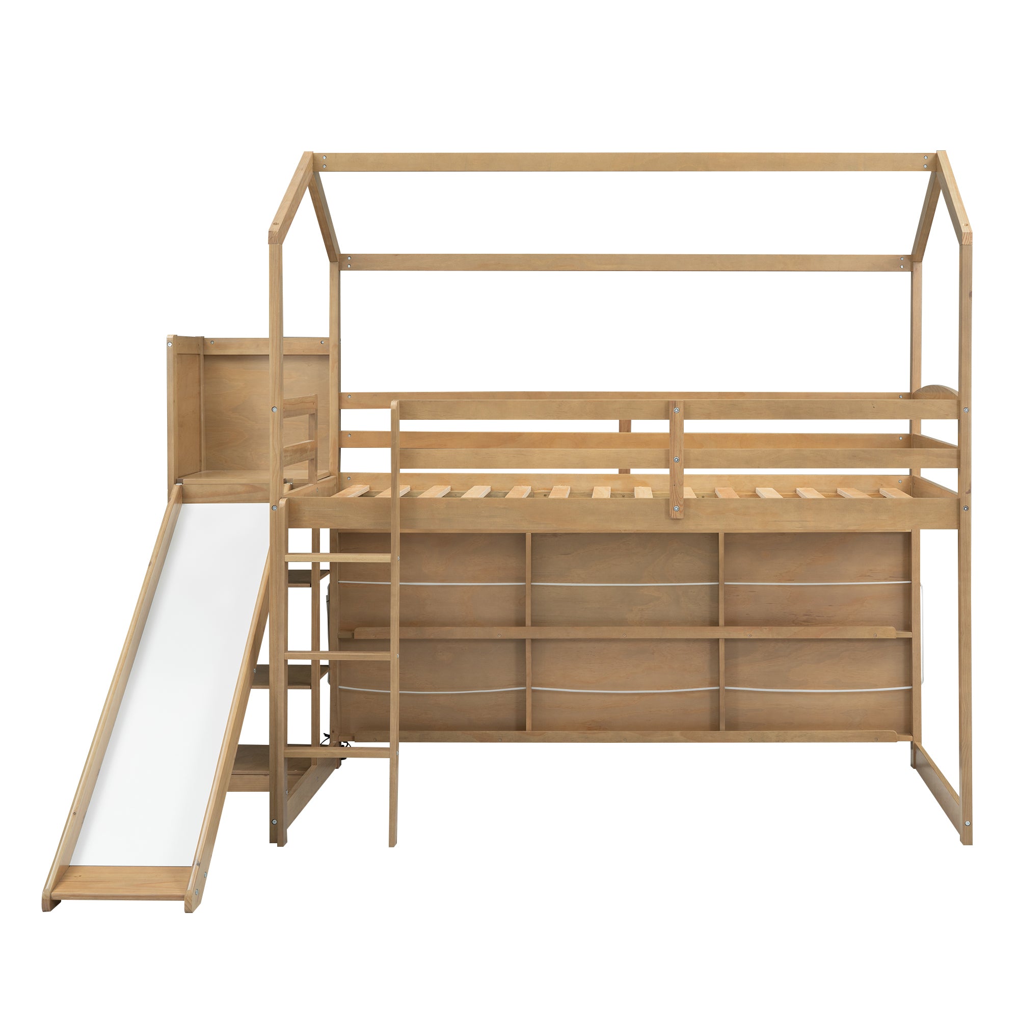 Twin Size Wood House Loft bed with Slide, Storage shelves and Light, Climbing Ramp, Wood Color - Atlantic Fine Furniture Melbourne FL