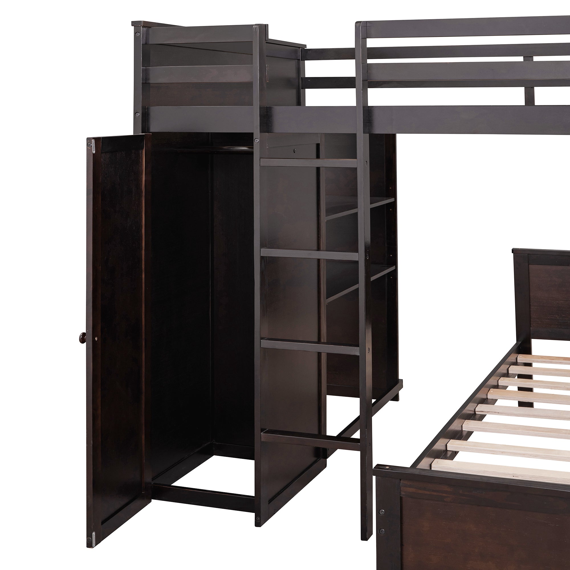 Full size Loft Bed with a twin size Stand-alone bed, Shelves,Desk,and Wardrobe-Espresso - Atlantic Fine Furniture Melbourne FL
