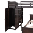 Full size Loft Bed with a twin size Stand-alone bed, Shelves,Desk,and Wardrobe-Espresso