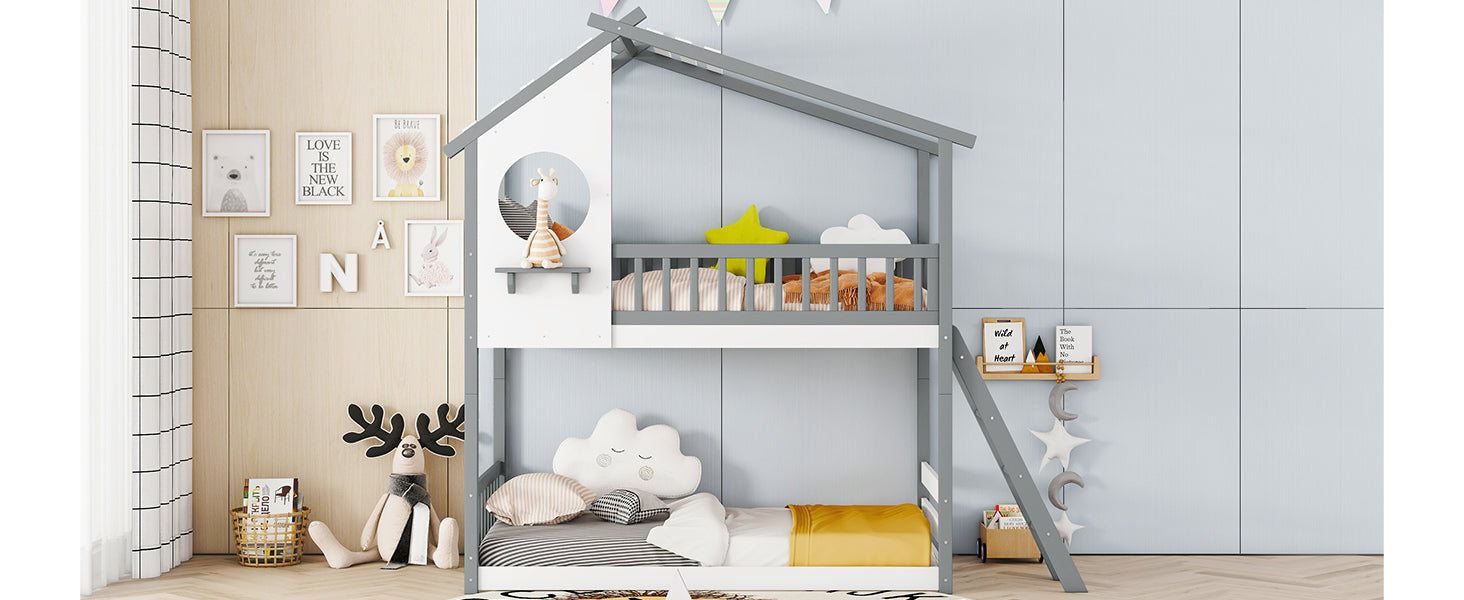 Twin Over Twin Bunk Bed Wood Bed with Roof, Window, Ladder,Gray(OLD SKU :LT100008AAE) - Atlantic Fine Furniture Melbourne FL