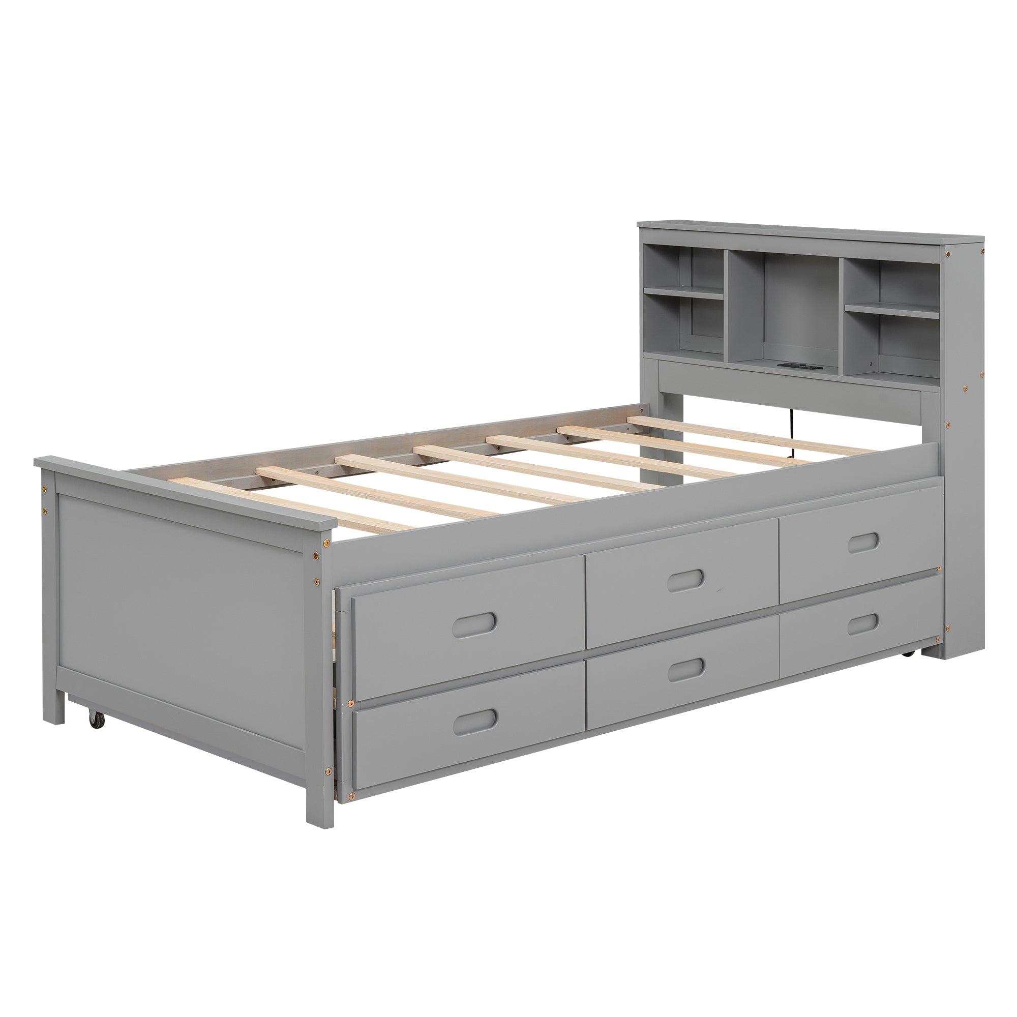 Twin Size Platform Bed with Storage Headboard, USB, Twin Size Trundle and 3 Drawers, Gray - Atlantic Fine Furniture Melbourne FL