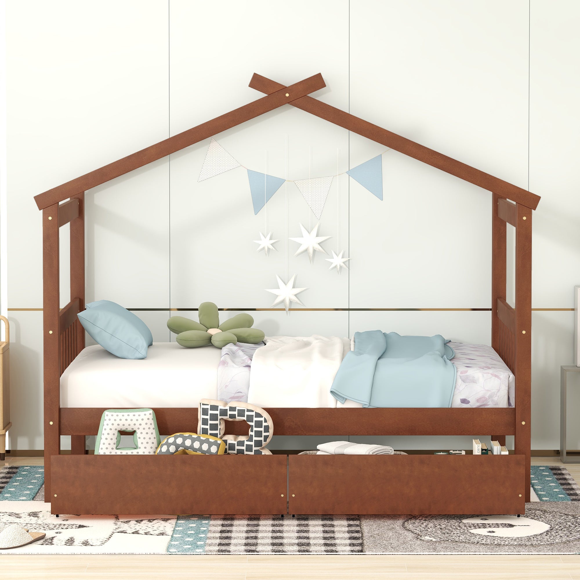 Twin Size Wooden House Bed with Drawers, Walnut - Atlantic Fine Furniture Melbourne FL