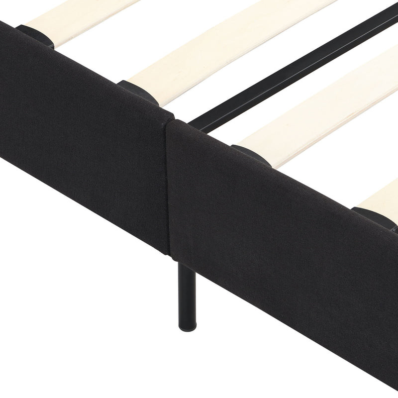 King Size Upholstered Platform Bed Frame With Linen Fabric Headboard, Wood Slat Support - Black