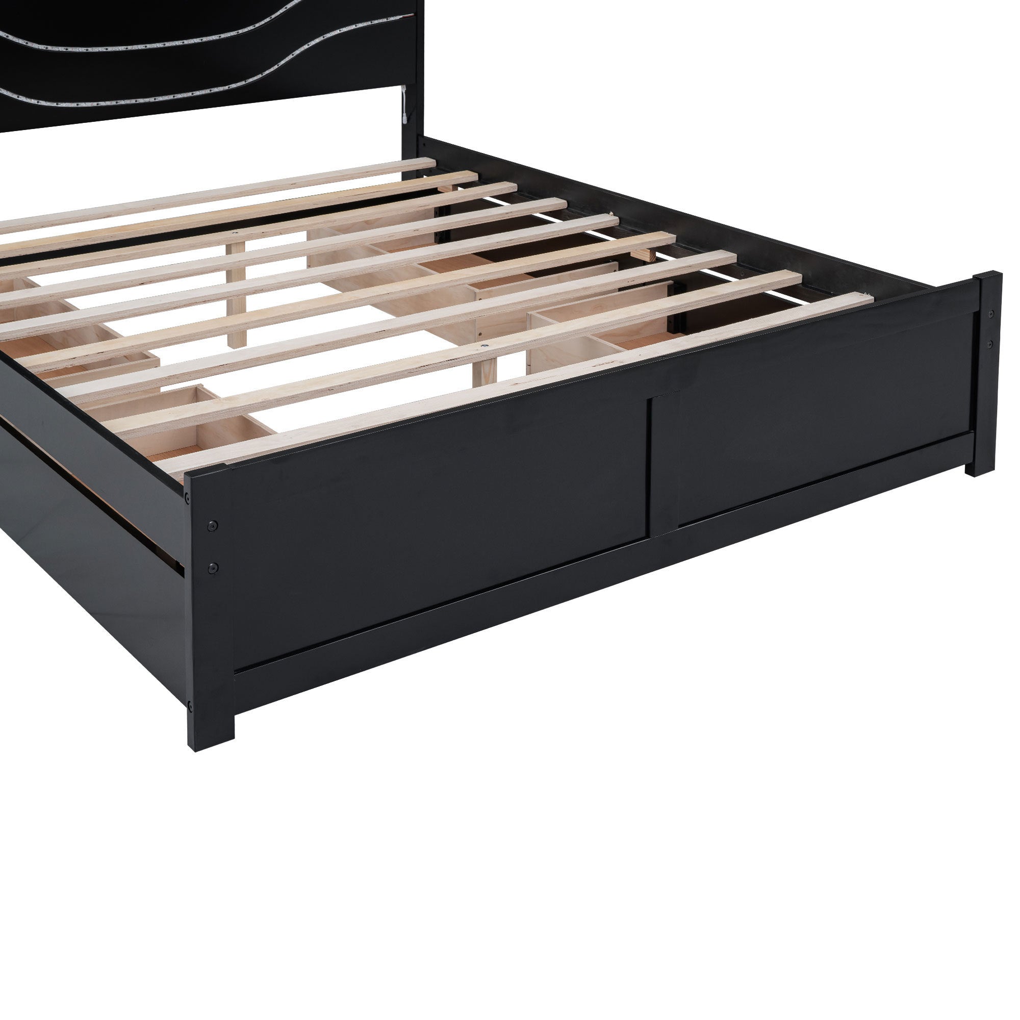 Queen Size Wood Storage Platform Bed with LED and 4 Drawers, Black - Atlantic Fine Furniture Melbourne FL
