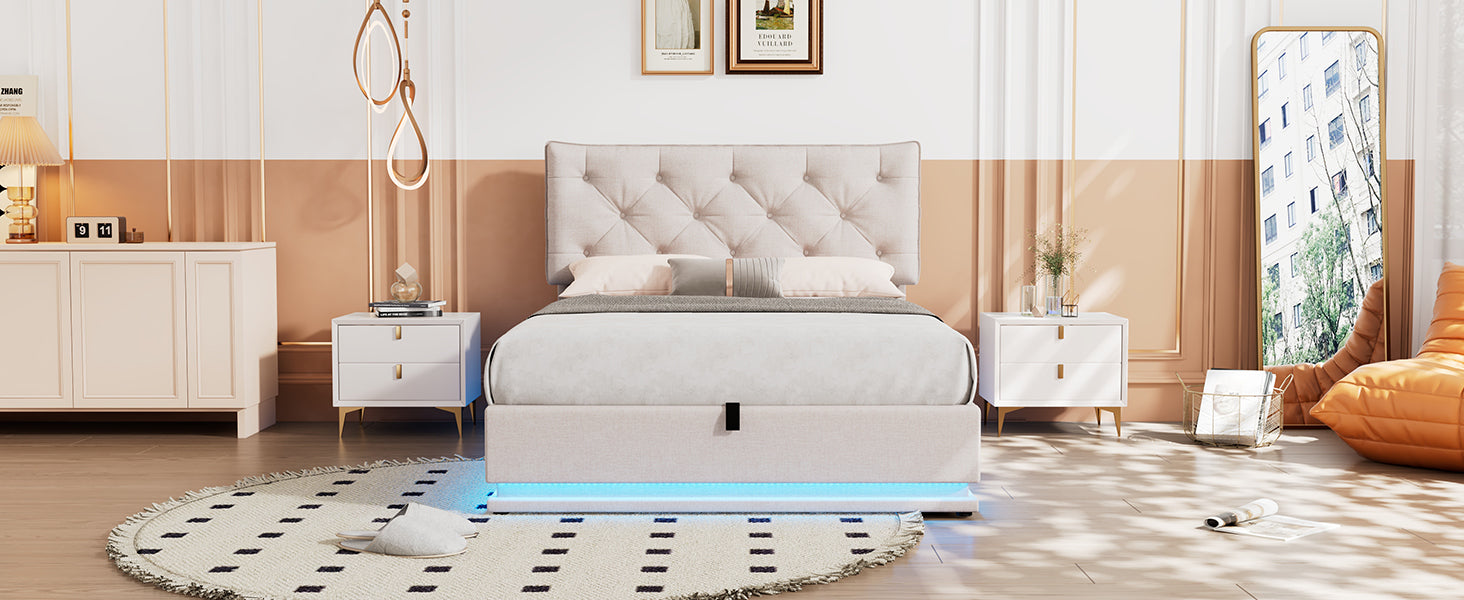 Full Size Upholstered Bed with Hydraulic Storage System and LED Light, Modern Platform Bed with Button-tufted Design Headboard, Beige - Atlantic Fine Furniture Melbourne FL