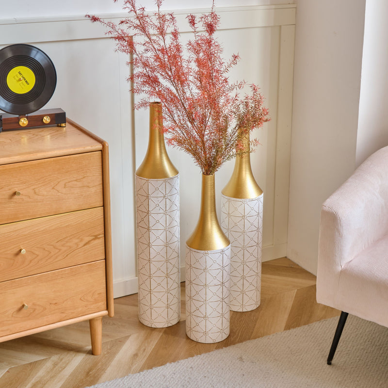 Floor Metal Vases Decorated White Metal Vases (Set of 3) Gorgeous Home Decoration Large Glazed Metal Vases - White / Gold