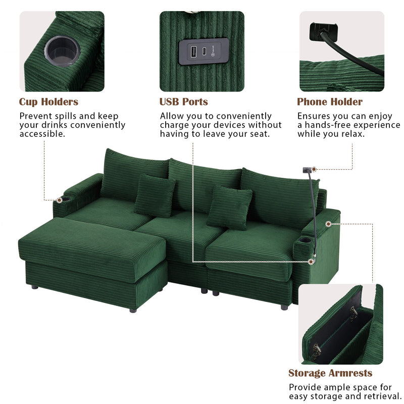 Modern Style Loveseat Sofa Sectional Sofa Couch With Storage Space, A Movable Ottoman, Two USB Ports, Two Cup Holders, A Phone Holder For Living Room