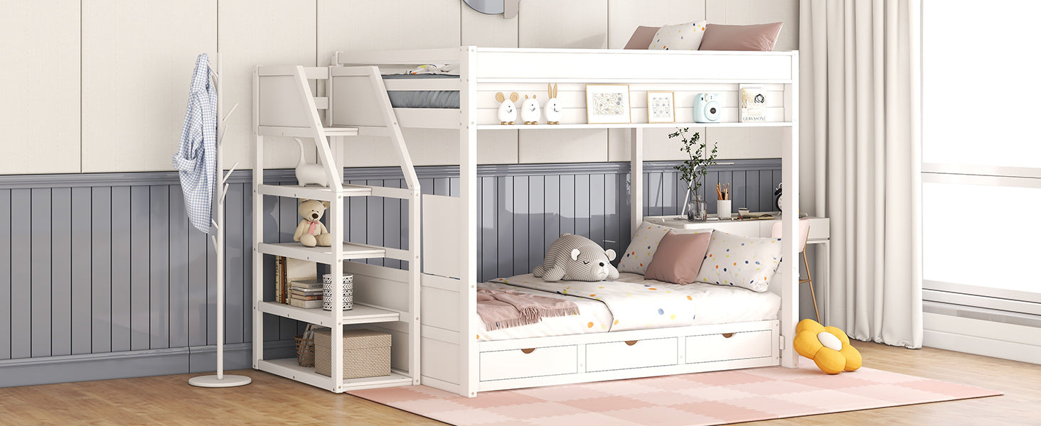 Wood Full Size Convertible Bunk Bed with Storage Staircase, Bedside Table, and 3 Drawers, White - Atlantic Fine Furniture Melbourne FL