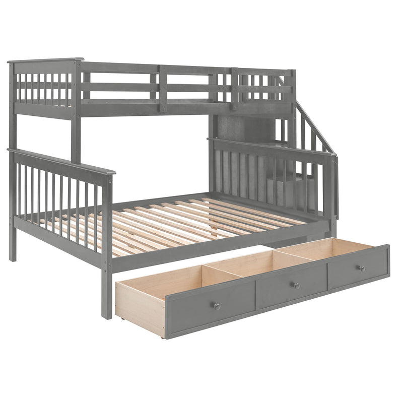 Twin Over Full Stairway Bunk Bed With Drawer, Storage And Guard Rail For Bedroom, Dorm, For Adults