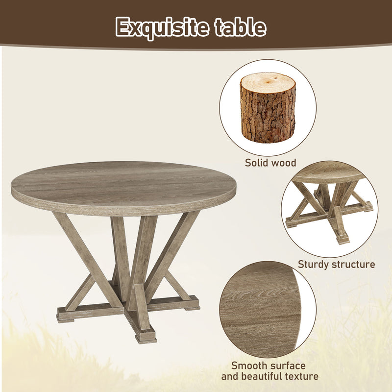 Modern Farmhouse Round Dining Table Solid Wood Rubberwood Antique Finishing Rustic Look Distressed Look Wire Brushed For 4 Seaters - Grayish Brown