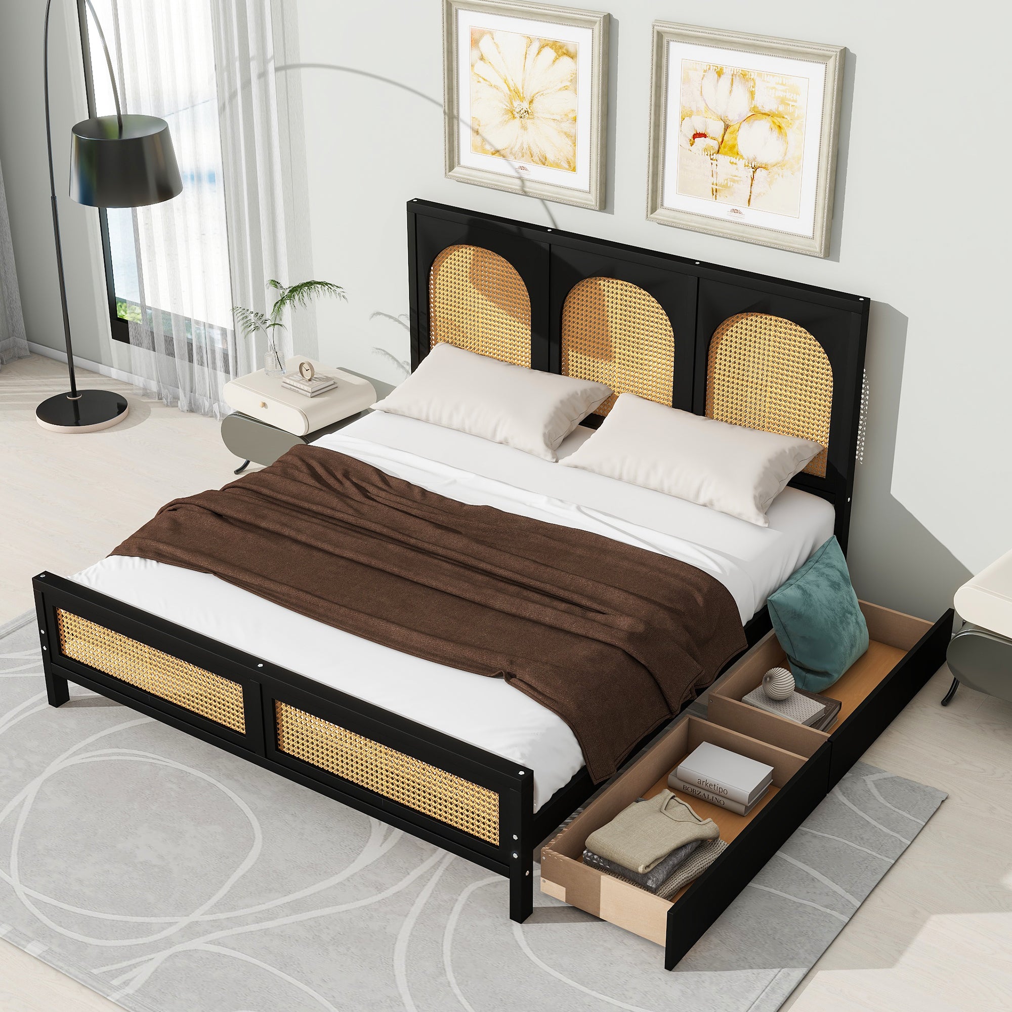 Queen Size Wood Storage Platform Bed with 2 Drawers, Rattan Headboard and Footboard, Black - Atlantic Fine Furniture Melbourne FL