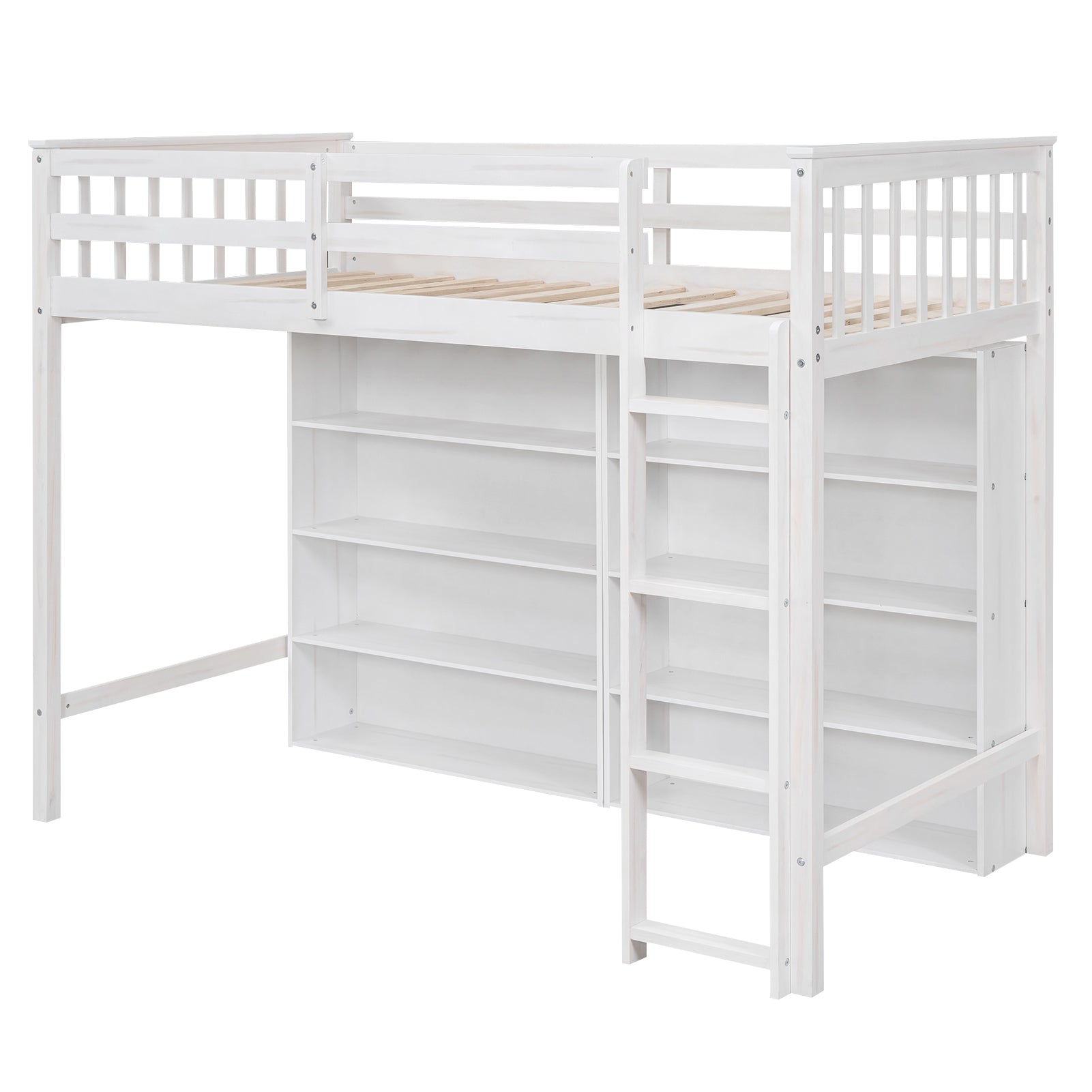 Twin Size Loft Bed with 8 Open Storage Shelves and Built-in Ladder, White - Atlantic Fine Furniture Melbourne FL