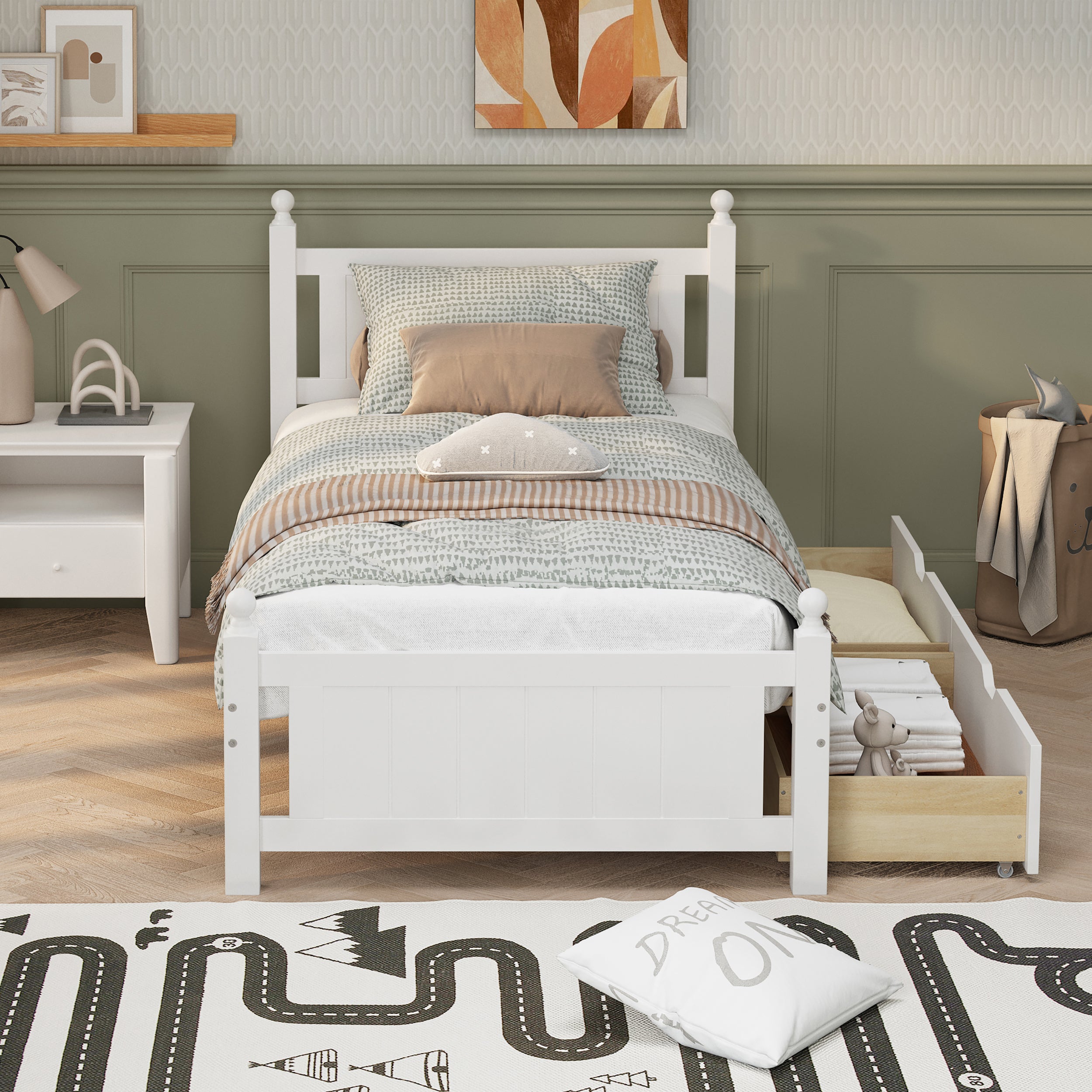 Twin Size Solid Wood Platform Bed Frame with 2 drawers for Limited Space Kids, Teens, Adults, No Need Box Spring, White - Atlantic Fine Furniture Melbourne FL