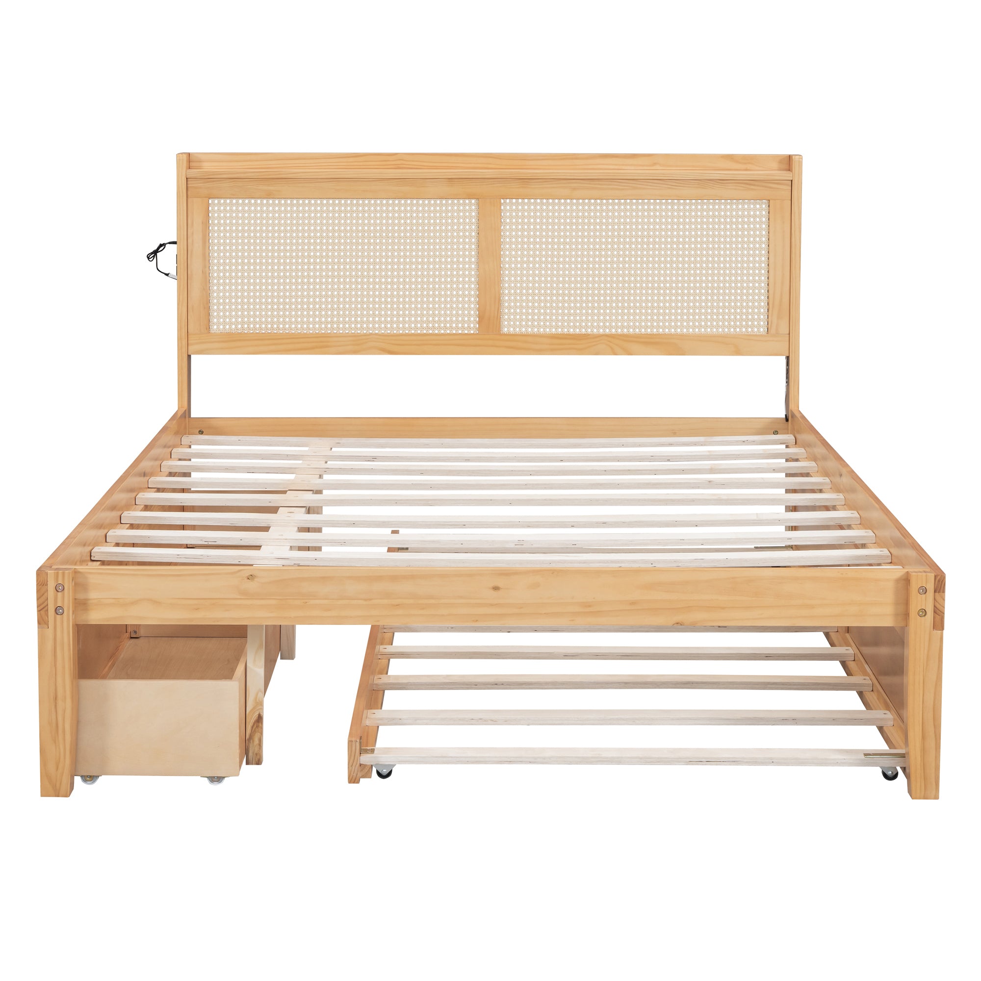 Queen Size Elegant Bed Frame with Rattan Headboard and Sockets ,Walnut - Atlantic Fine Furniture Melbourne FL