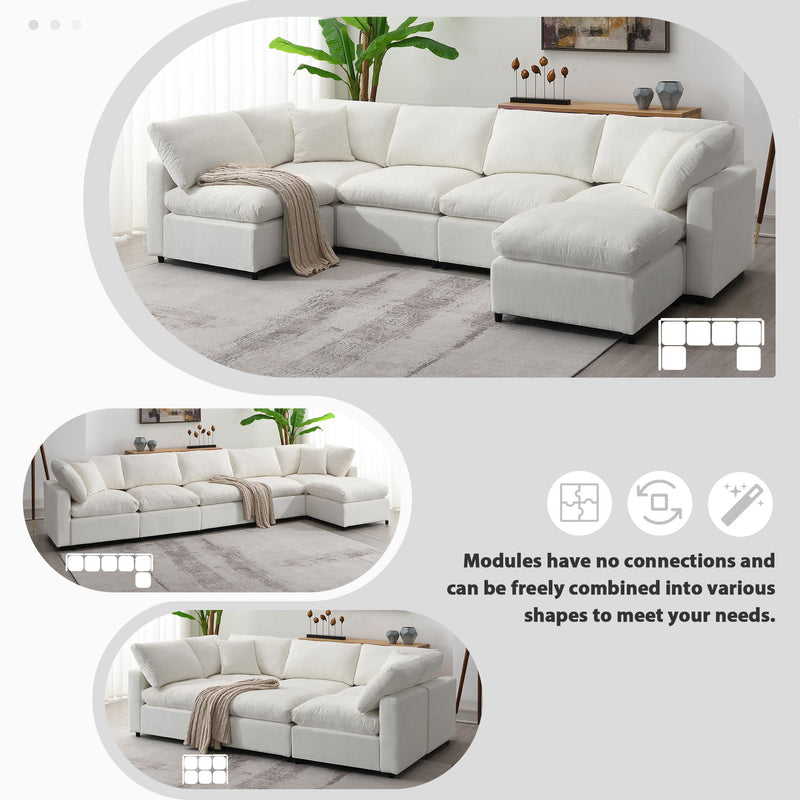 Modern Modular Cloud Sofa Bed, 6 Seat Chenille Sectional Couch Set With Ottoman, Free Combination, Convertible U Shaped Sleeper Sofa For Living Room