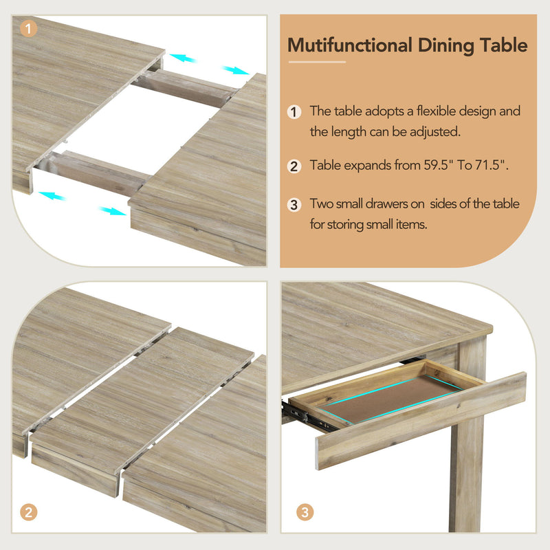 Wooden Dining Table Set Mutifunctional Extendable Table With Leaf And 2 Drawers, Dining Chairs With Soft Cushion