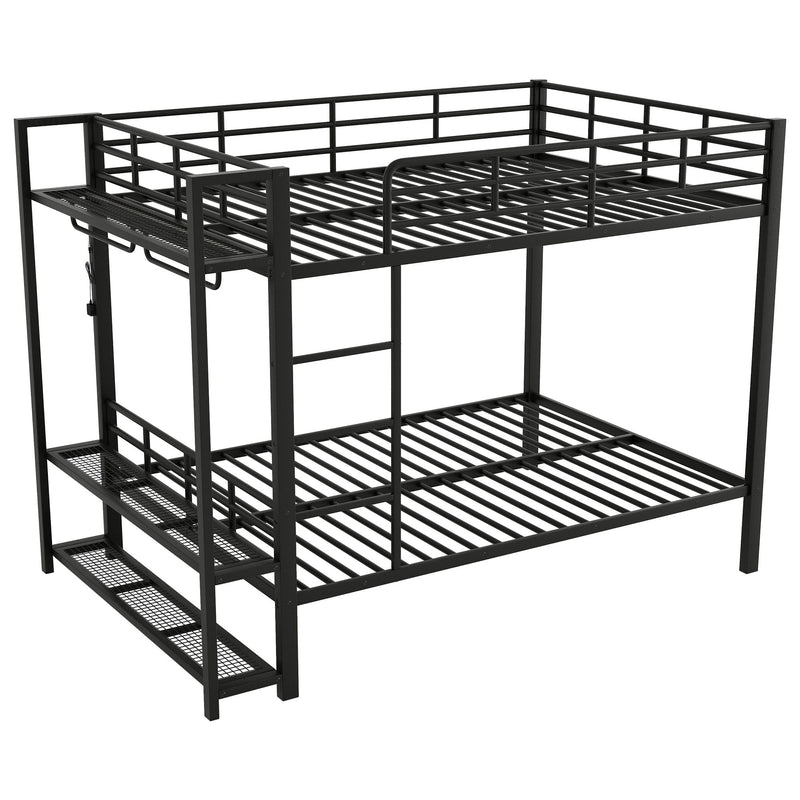 Bunk Bed With Storage Mesh Shelves, Clothes Hooks, LED Light