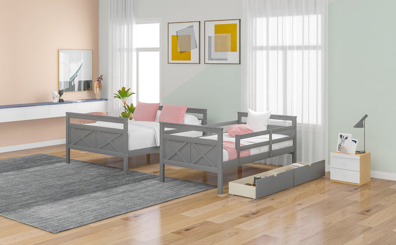 Twin over Full Bunk Bed with Ladder, Two Storage Drawers, Safety Guardrail, Gray