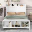 Full Size Platform Bed with built-in shelves, LED Light and USB ports, White
