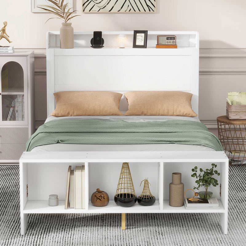 Full Size Platform Bed with built-in shelves, LED Light and USB ports, White