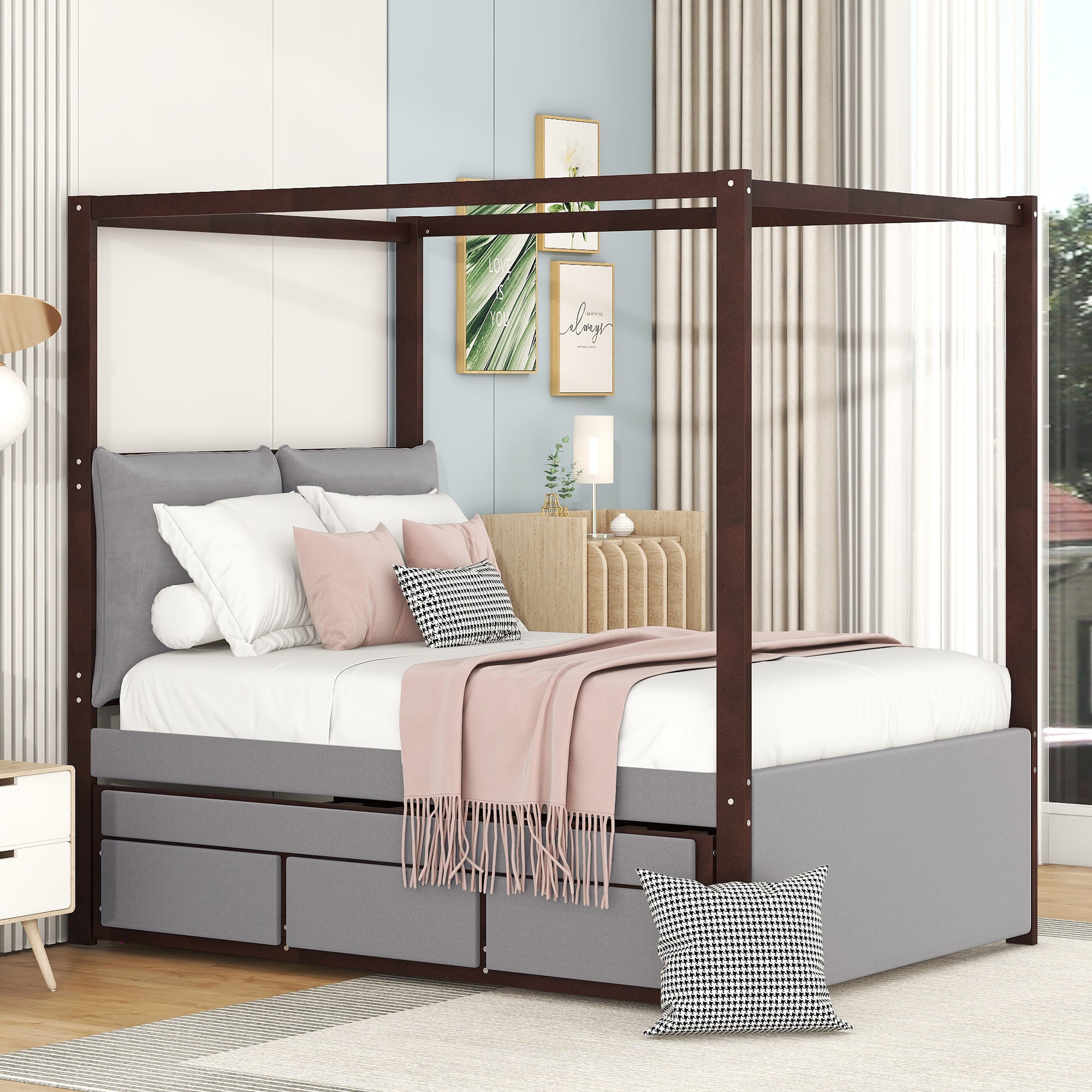 Full Size Upholstered  Canopy Bed with Trundle and 3 Drawers, Gray - Atlantic Fine Furniture Melbourne FL