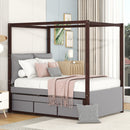 Full Size Upholstered  Canopy Bed with Trundle and 3 Drawers, Gray