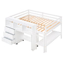 Full Size Low Loft Bed with Rolling Portable Desk, Drawers and Shelves, White(Old SKU: GX000711AAK)