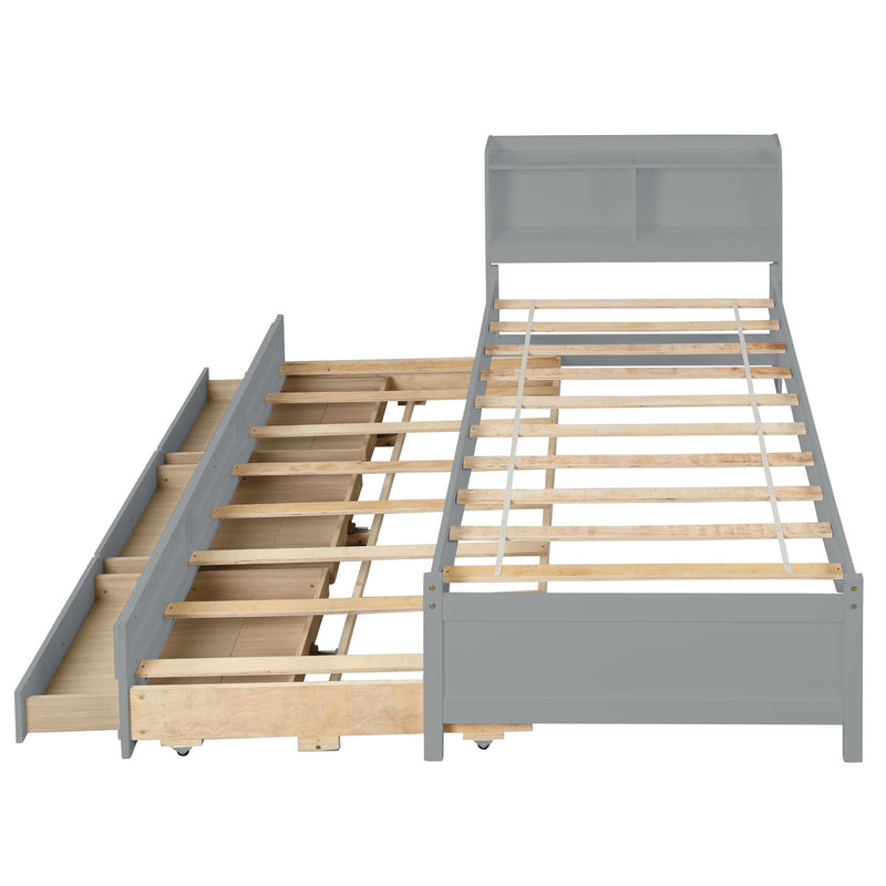 Bed With Built-In USB, Type-C Ports, LED Light, Bookcase Headboard, Trundle And 3 Storage Drawers, Bed With Bookcase Headboard, Trundle And Storage Drawers - Espresso