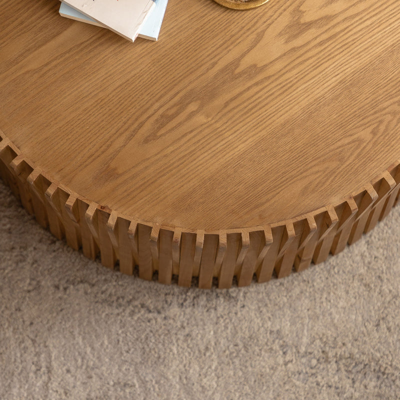Vintage Fashion Style Cylindrical Nesting Coffee Table Set With Vertical Textured Embossed Design - Natural