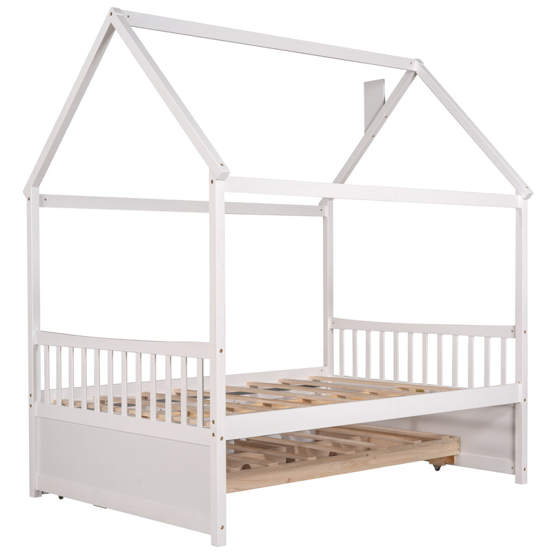 Full Size Wooden House Bed With Trundle And 3 Storage Drawers - White