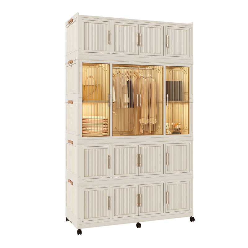 Portable Wardrobe Closet Storage Organizer With Magnetic Doors, Polypropylene - Cream White