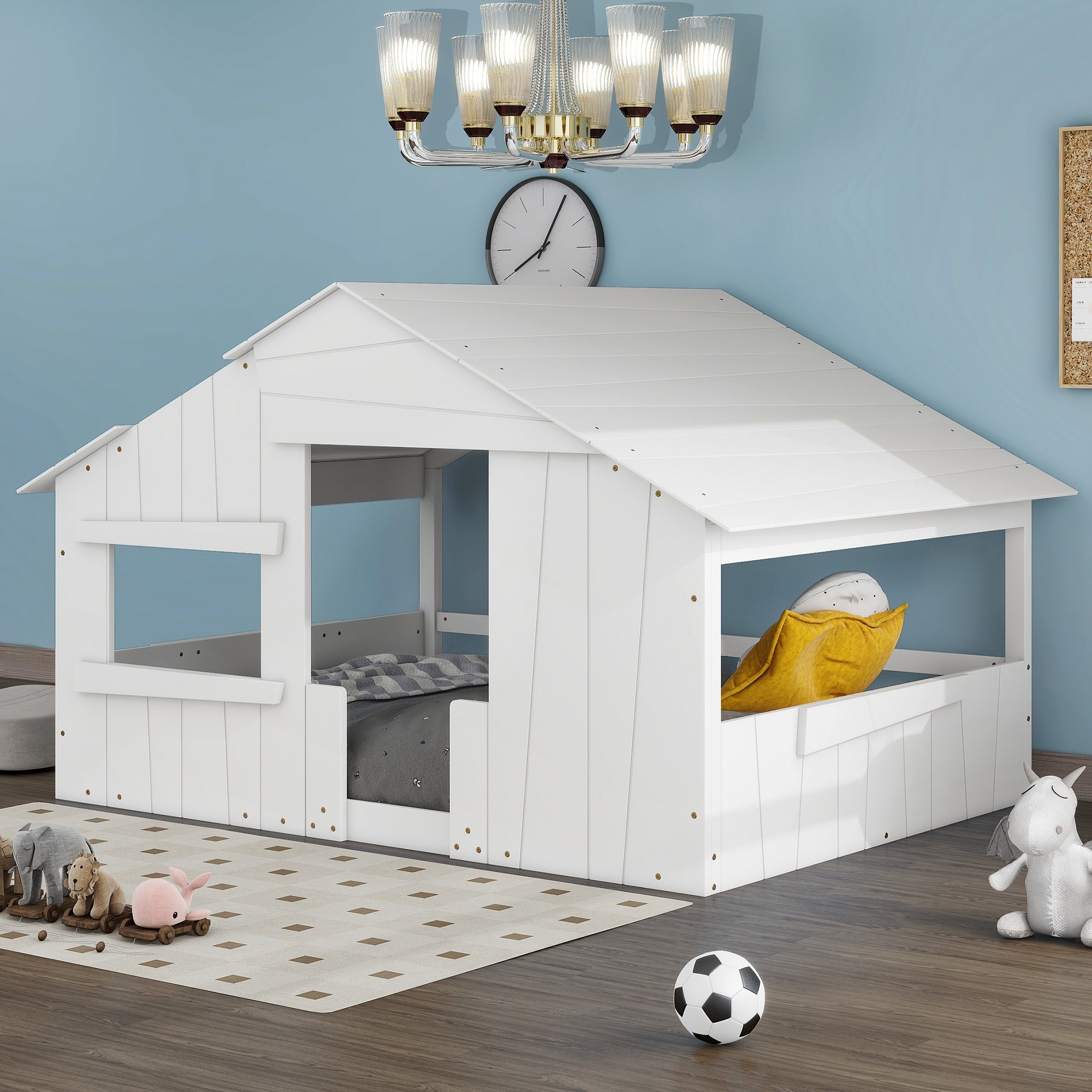 Wood Full Size House Bed with Roof, Window and Guardrail, White - Atlantic Fine Furniture Melbourne FL